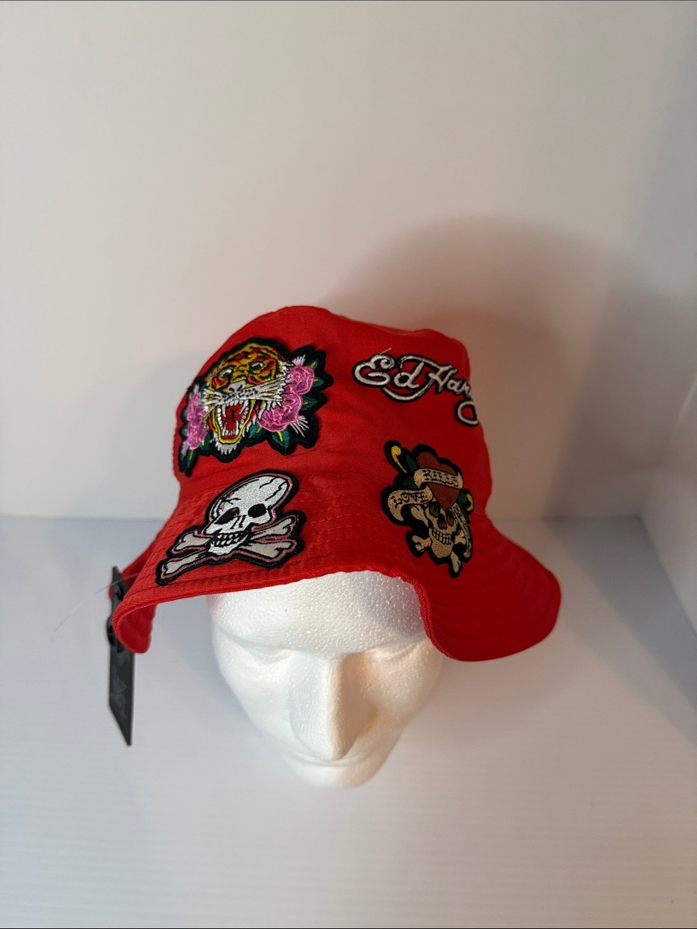 Ed Hardy Red Bucket Hat with Embroidered Punk Patches